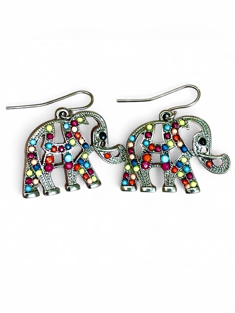 Vintage Elephant Dangle Earrings Silver Tone Multicolor Beaded Boho Hippy Global